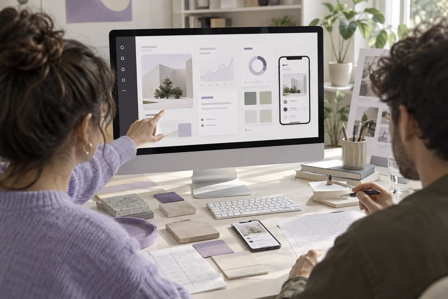 An illustrative scene of designers working on interfaces and mobile experiences.