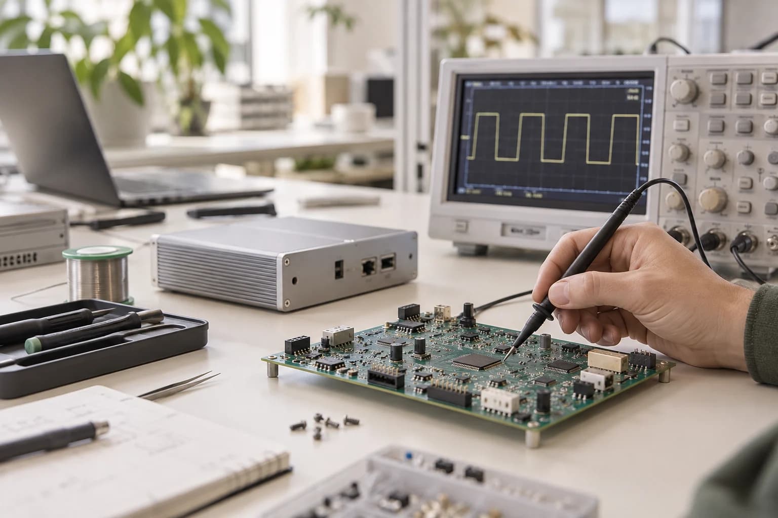 An illustrative engineering laboratory with circuit boards and testing equipment.