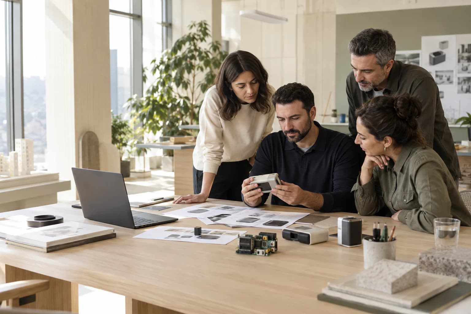 An illustrative technology studio with a team collaborating on design, software and electronics.