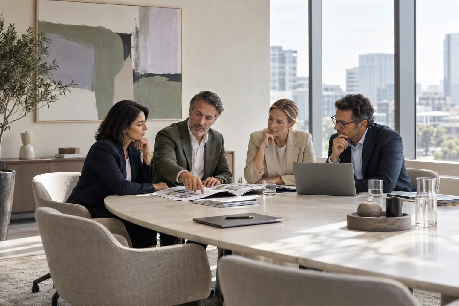 An illustrative meeting of specialists reviewing technology decisions and product plans.