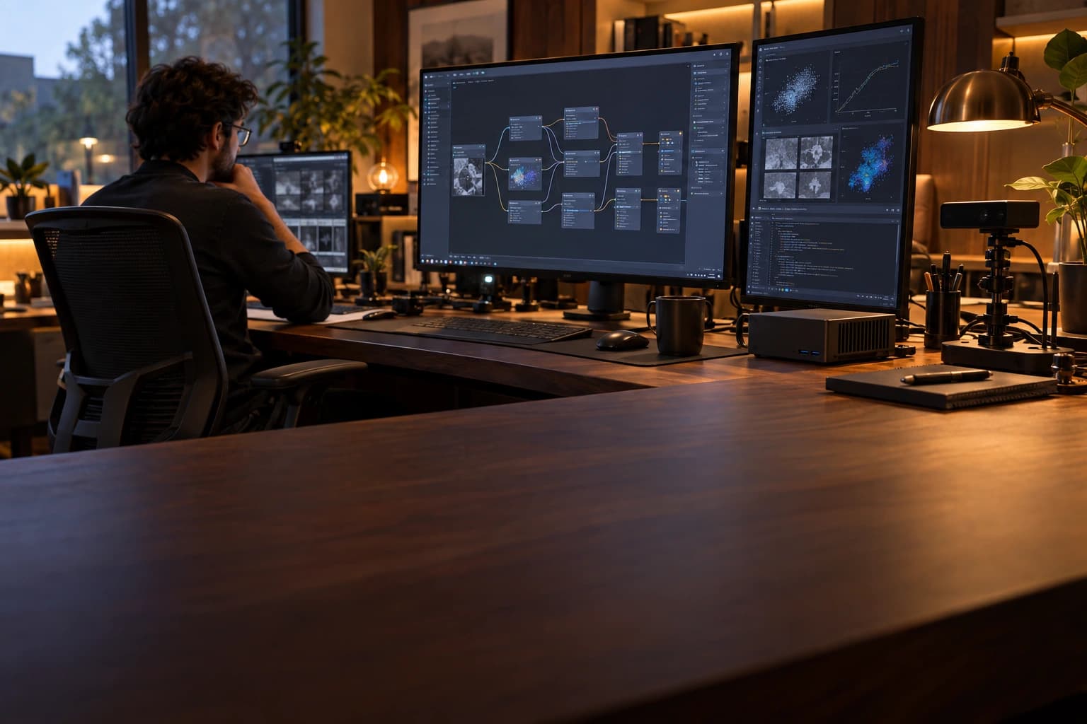 An illustrative AI development environment featuring workflow and data analysis tools.
