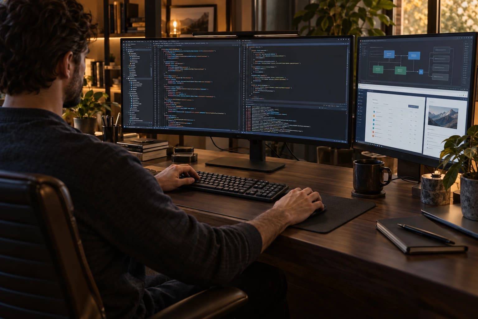 An illustrative development environment with a software specialist working on code and system architecture.