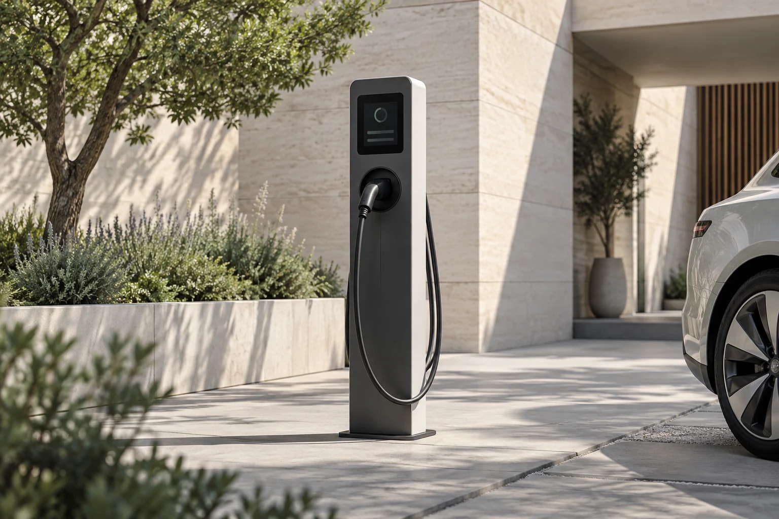 A concept electric-vehicle charging station in an architectural setting, representing digital and physical product development.
