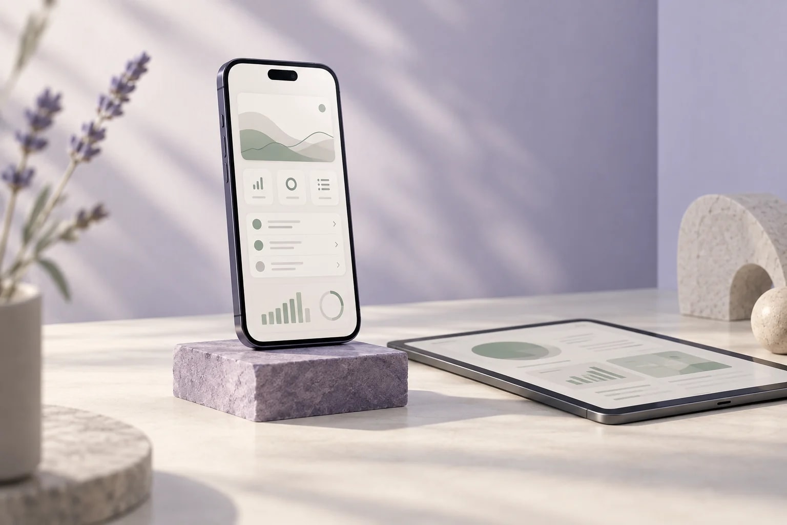 Illustrative mobile product presentation on a phone and tablet.