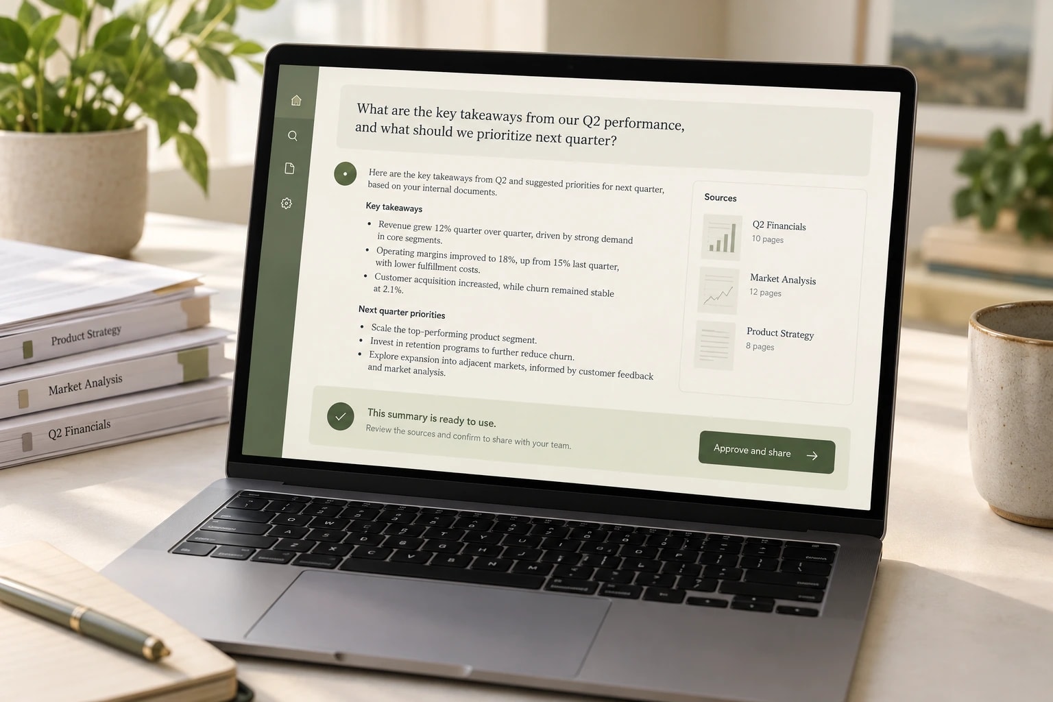 Illustrative AI assistant interface showing source documents and human approval.