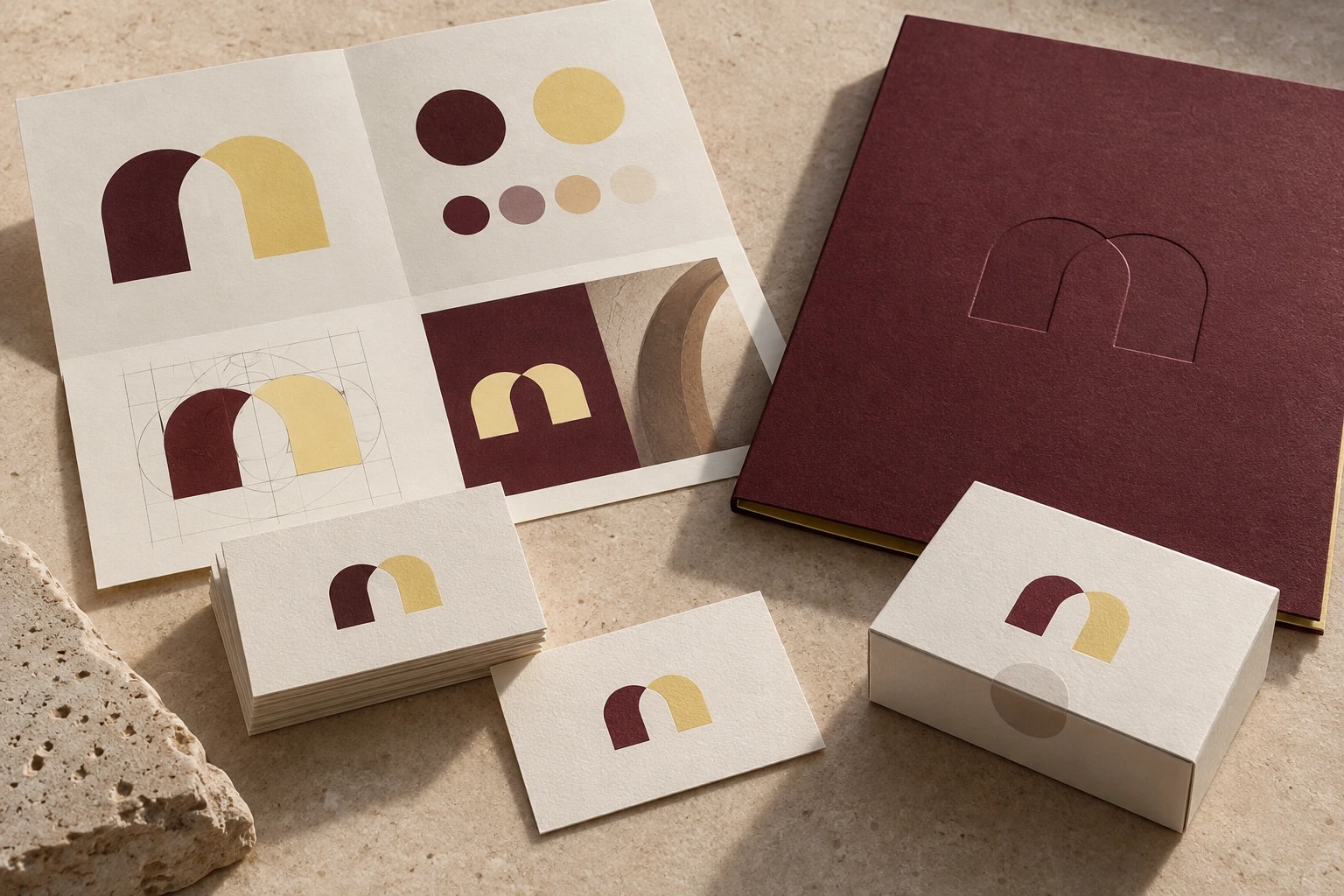 Illustrative identity system applied to cards, a folder and packaging.