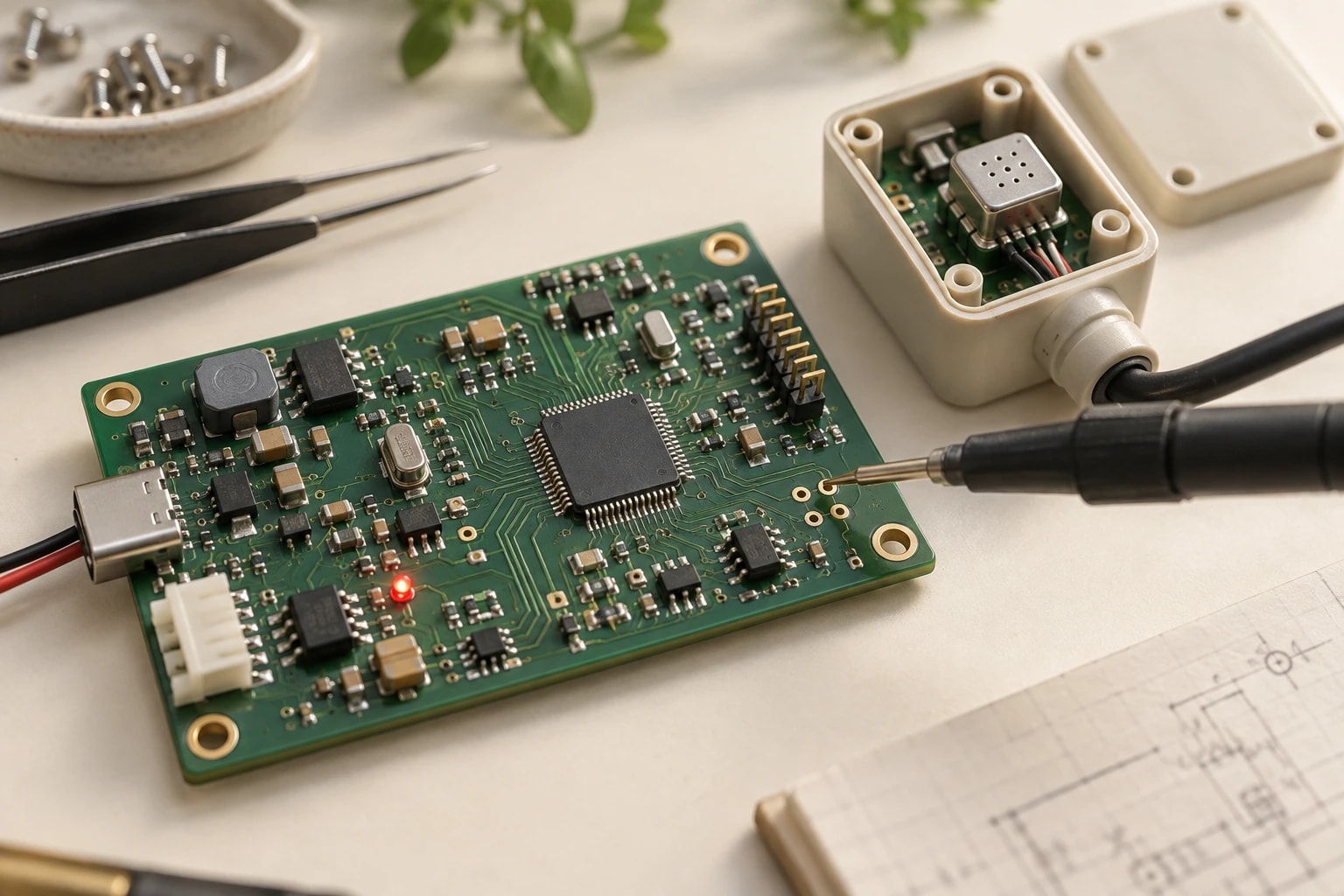 Illustrative IoT prototype showing a connected sensor enclosure and electronics board.
