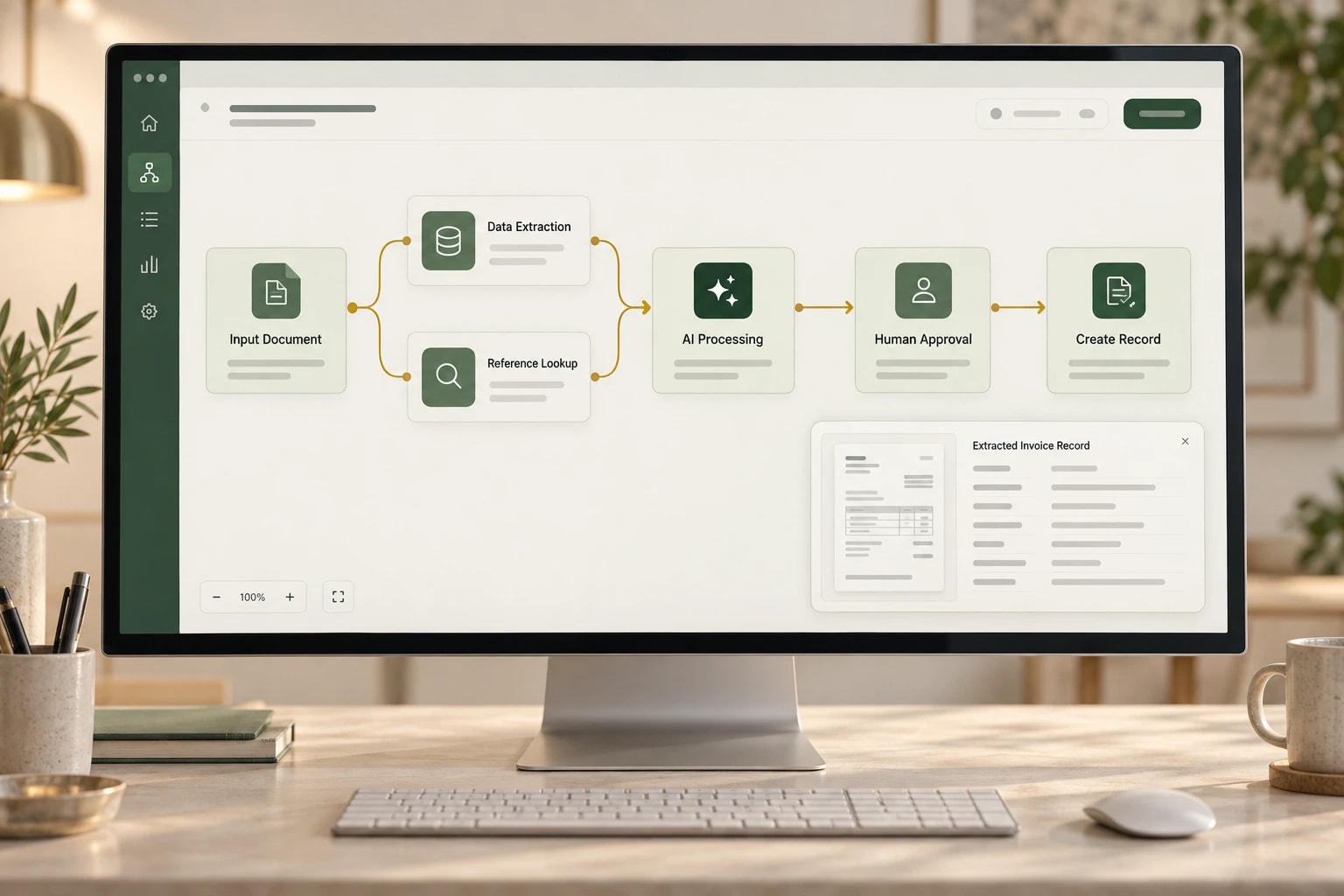 Illustrative workflow interface connecting a document, services, AI processing, human approval and an output record.