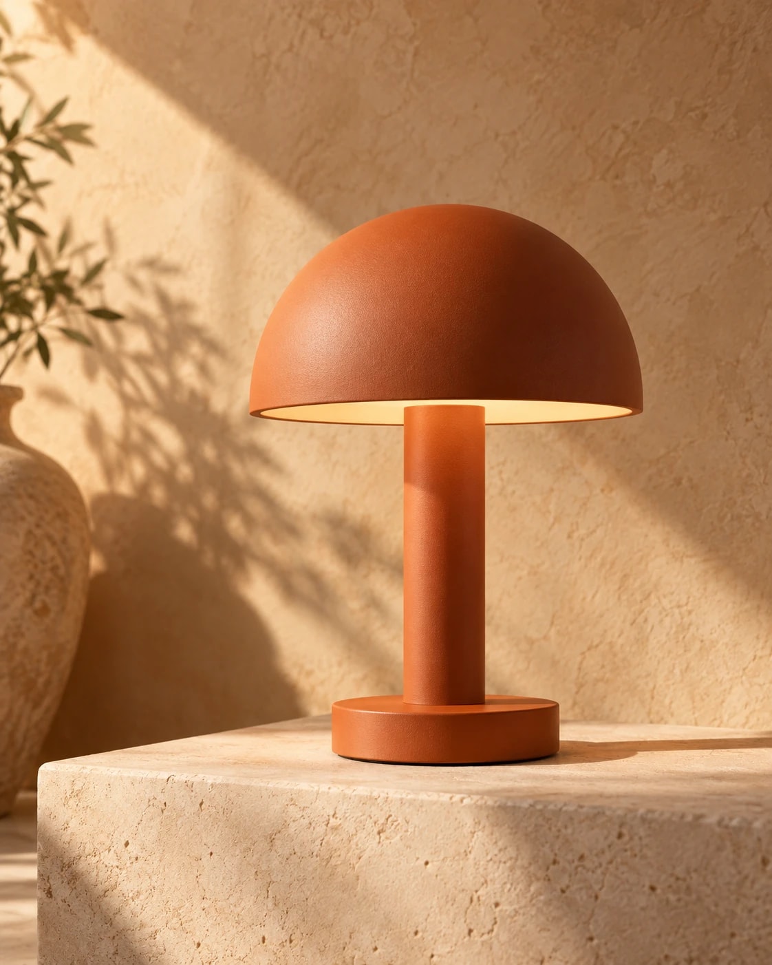 A modern terracotta table lamp in a warm sand coloured studio